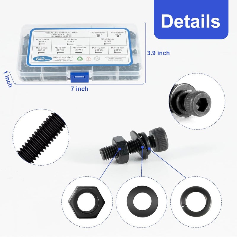 MklusiveTech 642Pcs M3 Screw Kit 12.9 Grade High Strength Carbon Steel M3 Bolts and Nuts Assortment Metric Machine Screw Assortment Black 6mm 8mm 10mm 12mm 16mm 20mm 25mm 30mm - Image 5